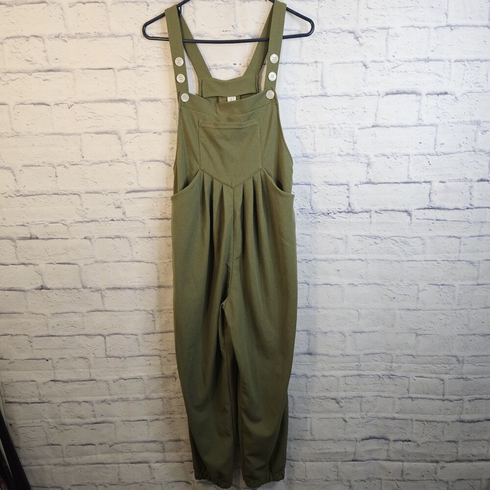 HALARA Flex Adjustable Straps Draped Overall Jumpsuit Olive Pockets Size Small